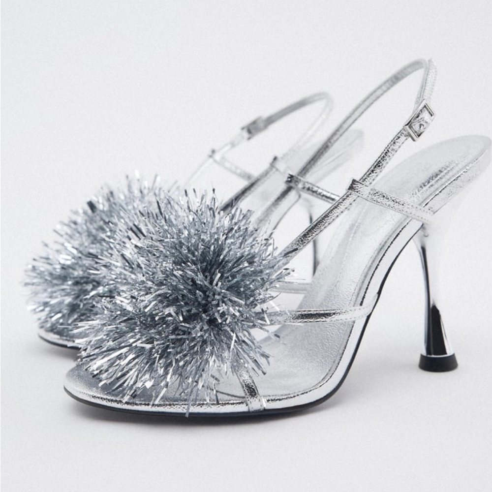 BLOGGERS FAV ZARA SILVER METALLIC POMPOM HEELED SANDALS